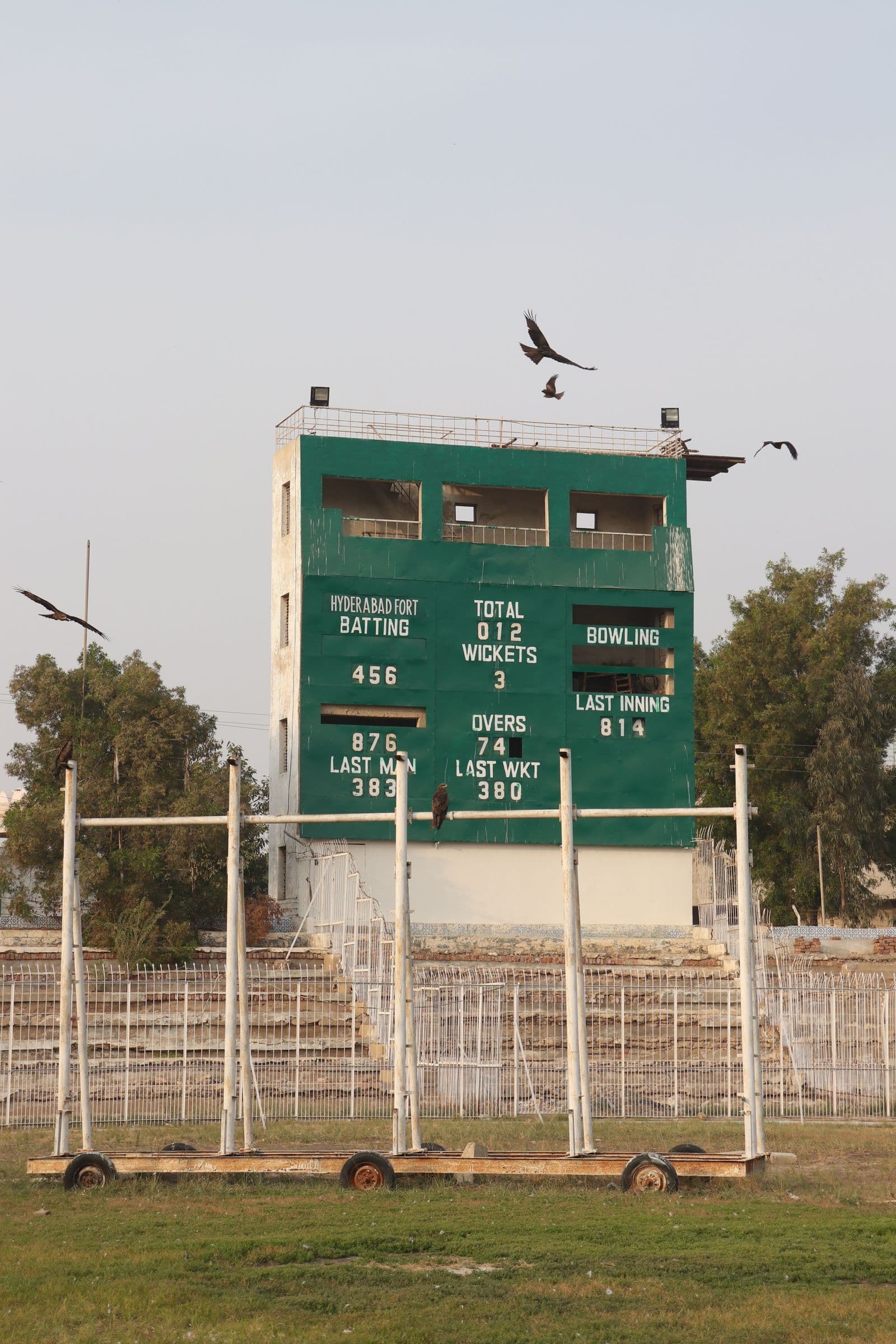 Cricket scoreboard at Niaz Stadium in Hyderabad, Pakistan
